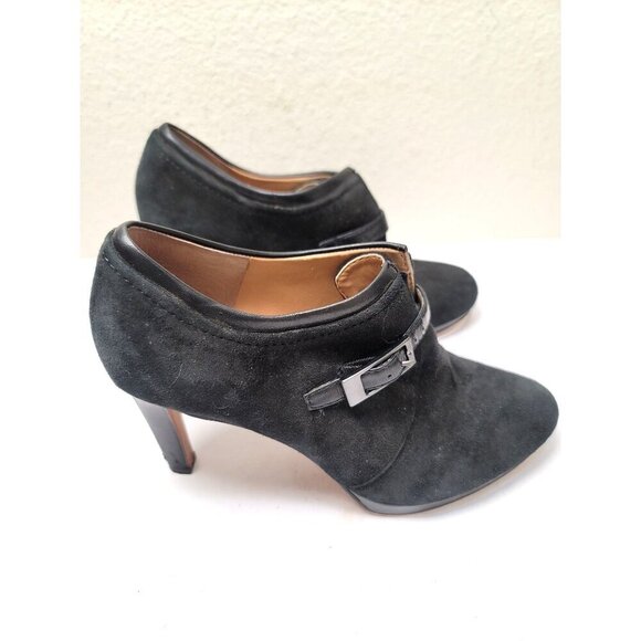 Franco Sarto Women's Black Suede Ankle Booties With Buckle Strap & Stiletto Heel - Picture 2 of 13